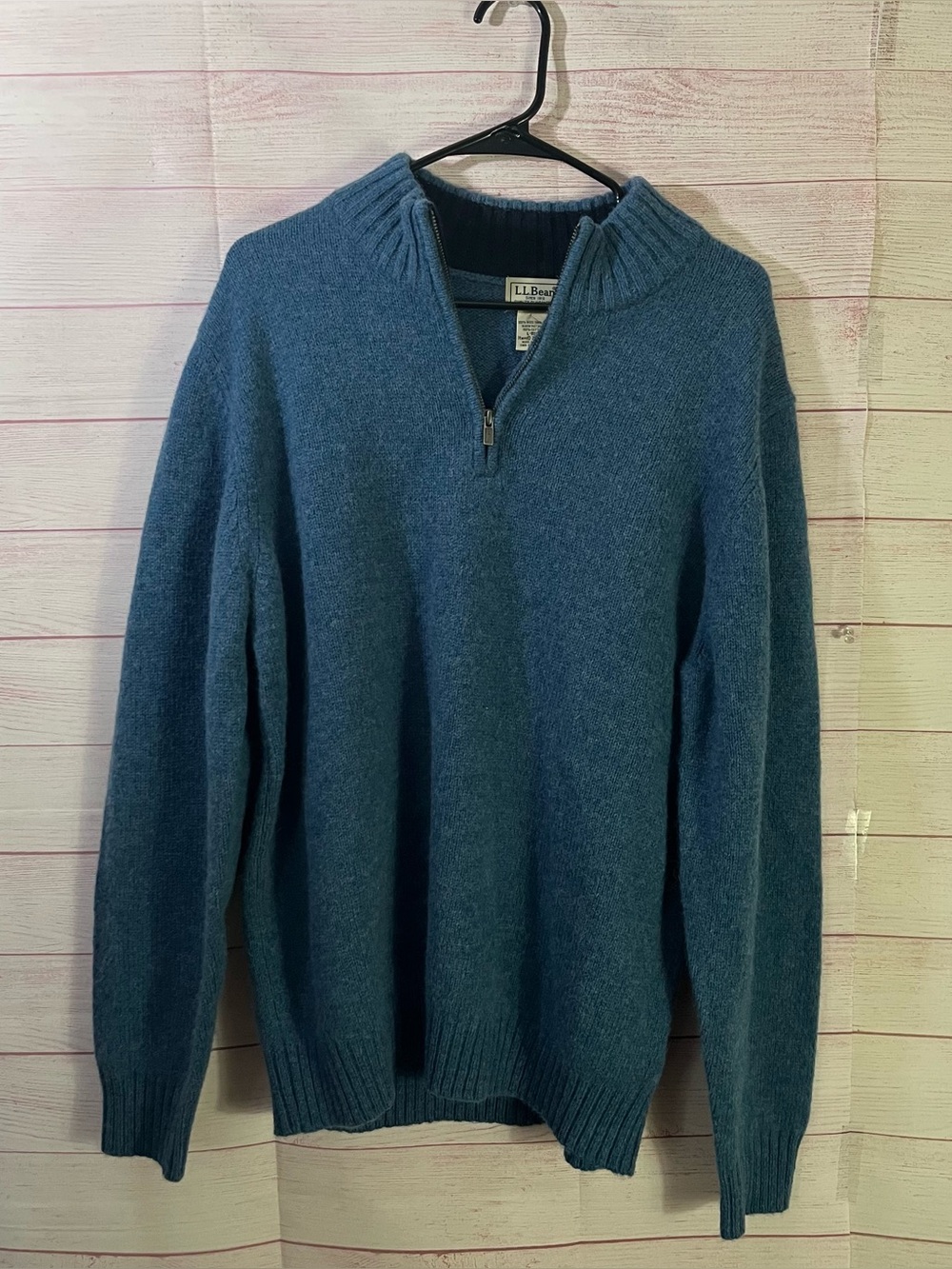 L.L. Bean Blue Quarter Zip 100% Wool Elbow Patch Pull Over Sweater Size Large